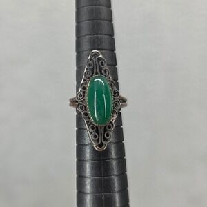 Vintage Sterling Silver‎ Green Stone Filigree Ring Size 5 Statement Jewelry